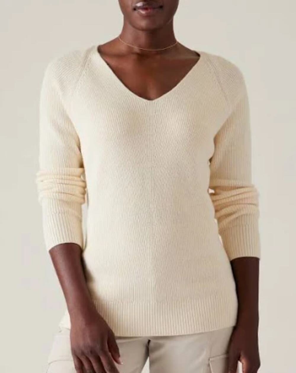 Athleta Hanover Refined V-Neck Sweater Magnolia White Medium wool blend *flaw